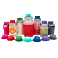 Silicone chug lid for regular mouth Mason jars. They come in 7 colors: berry pink, cherry red, leaf green, aquamarine, deep blue, ultra violet, and charcoal gray.