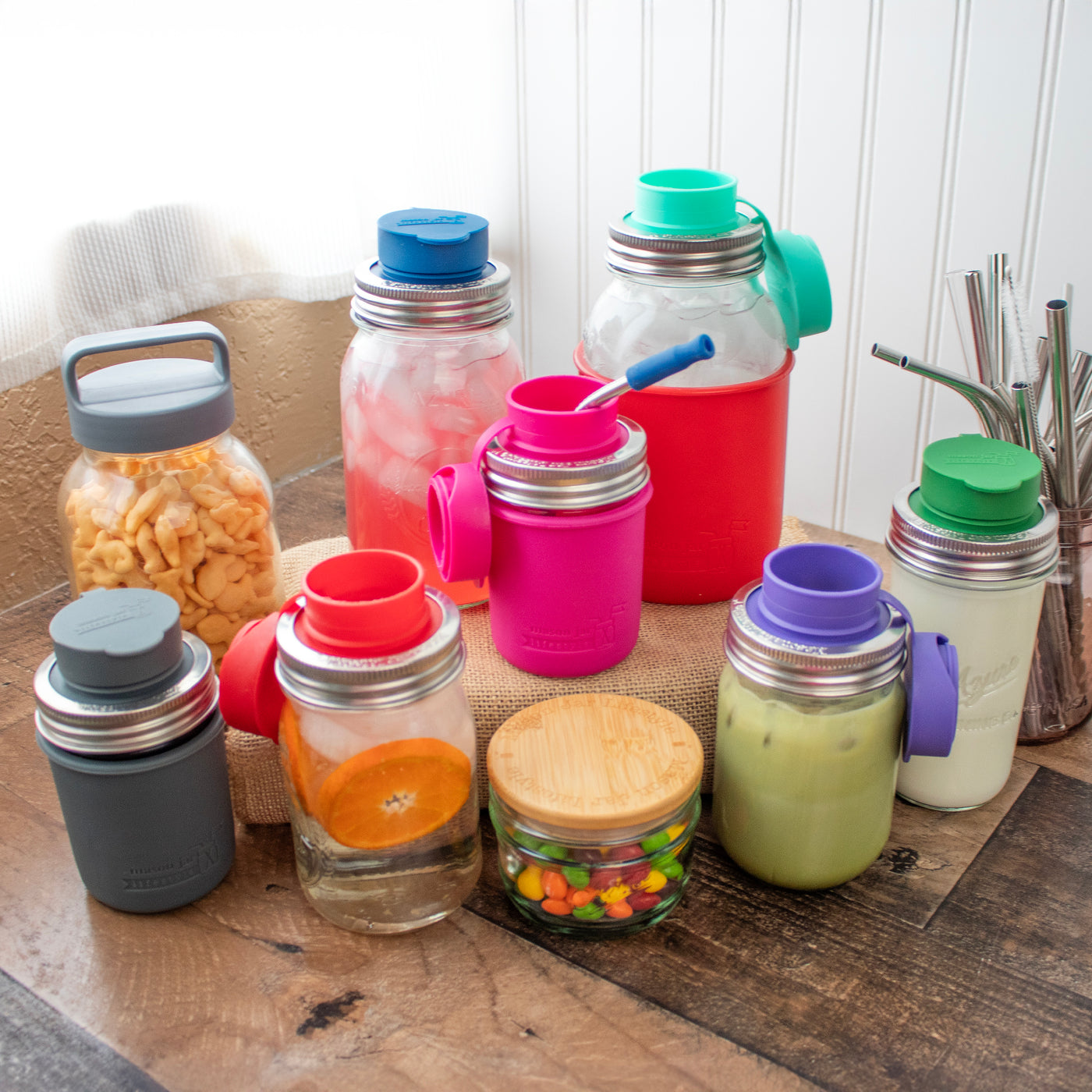 Chug lids on a bunch of different sized Mason jars, and other fun Mason jar lids.