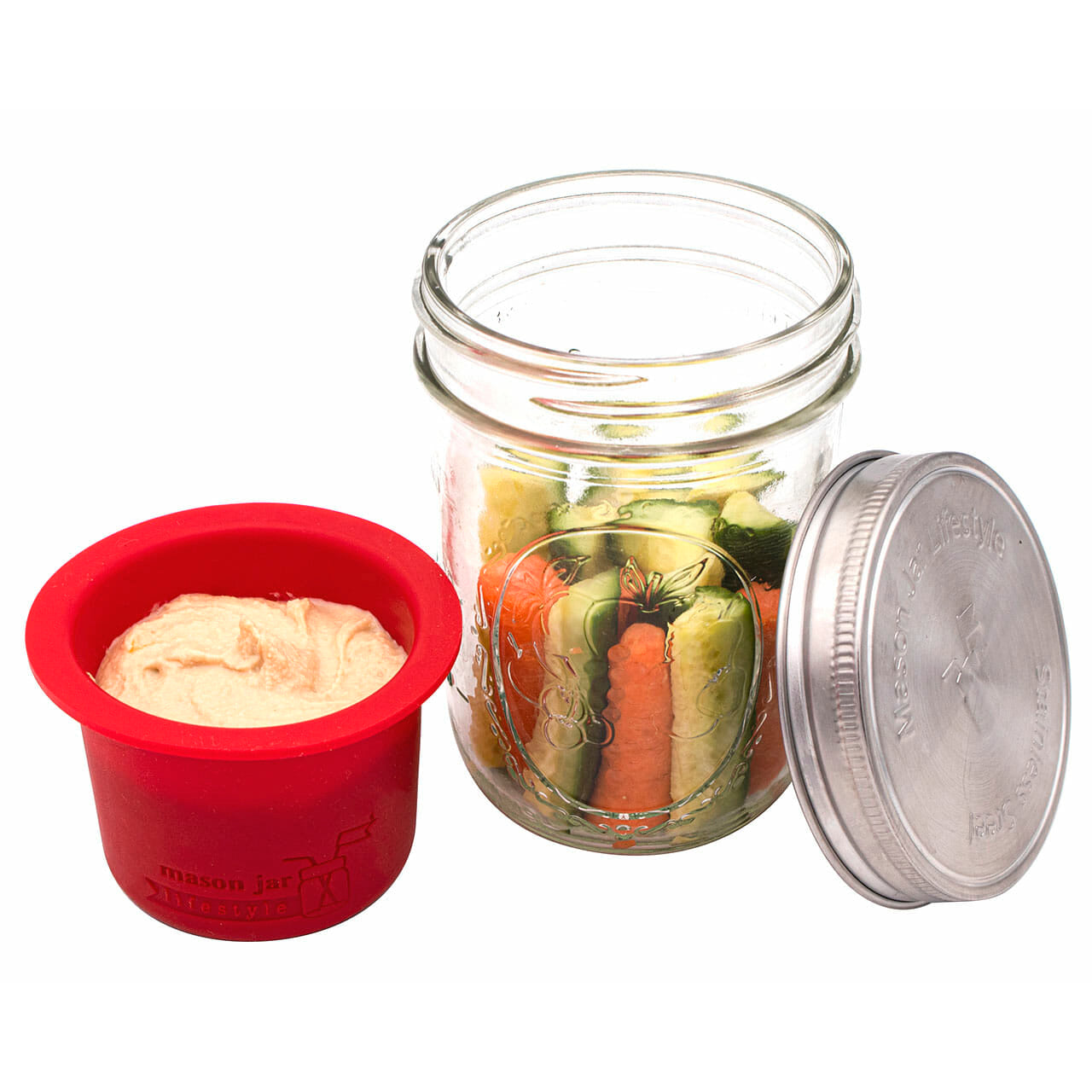 Silicone divider dressing cup stainless steel storage lid 16oz pint fruit wide mouth vegetables dip cherry red 2