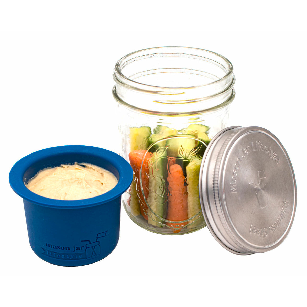 Silicone divider dressing cup stainless steel storage lid 16oz pint fruit wide mouth vegetables dip deep blue 2