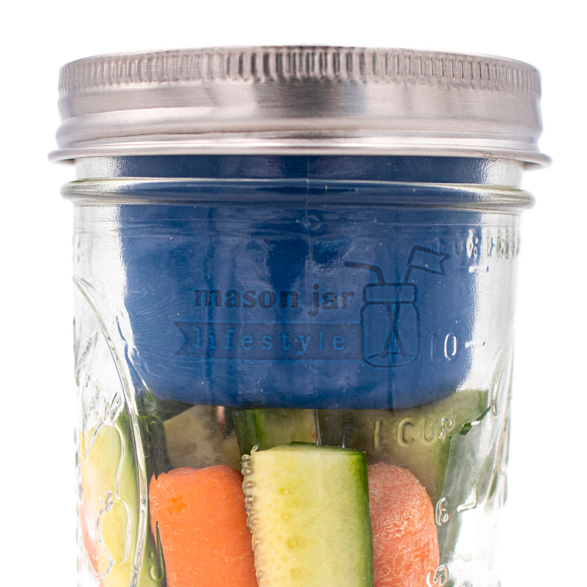 Silicone divider dressing cup stainless steel storage lid 16oz pint fruit wide mouth vegetables dip dep blue closed detail