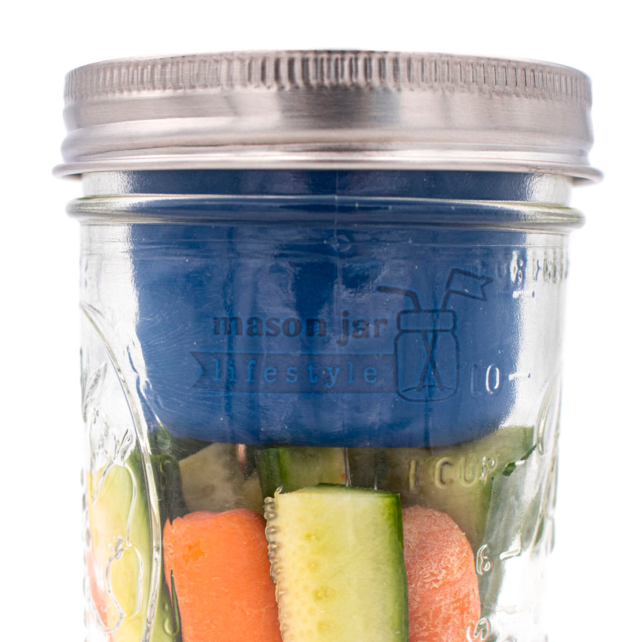 Silicone divider dressing cup stainless steel storage lid 16oz pint fruit wide mouth vegetables dip dep blue closed detail