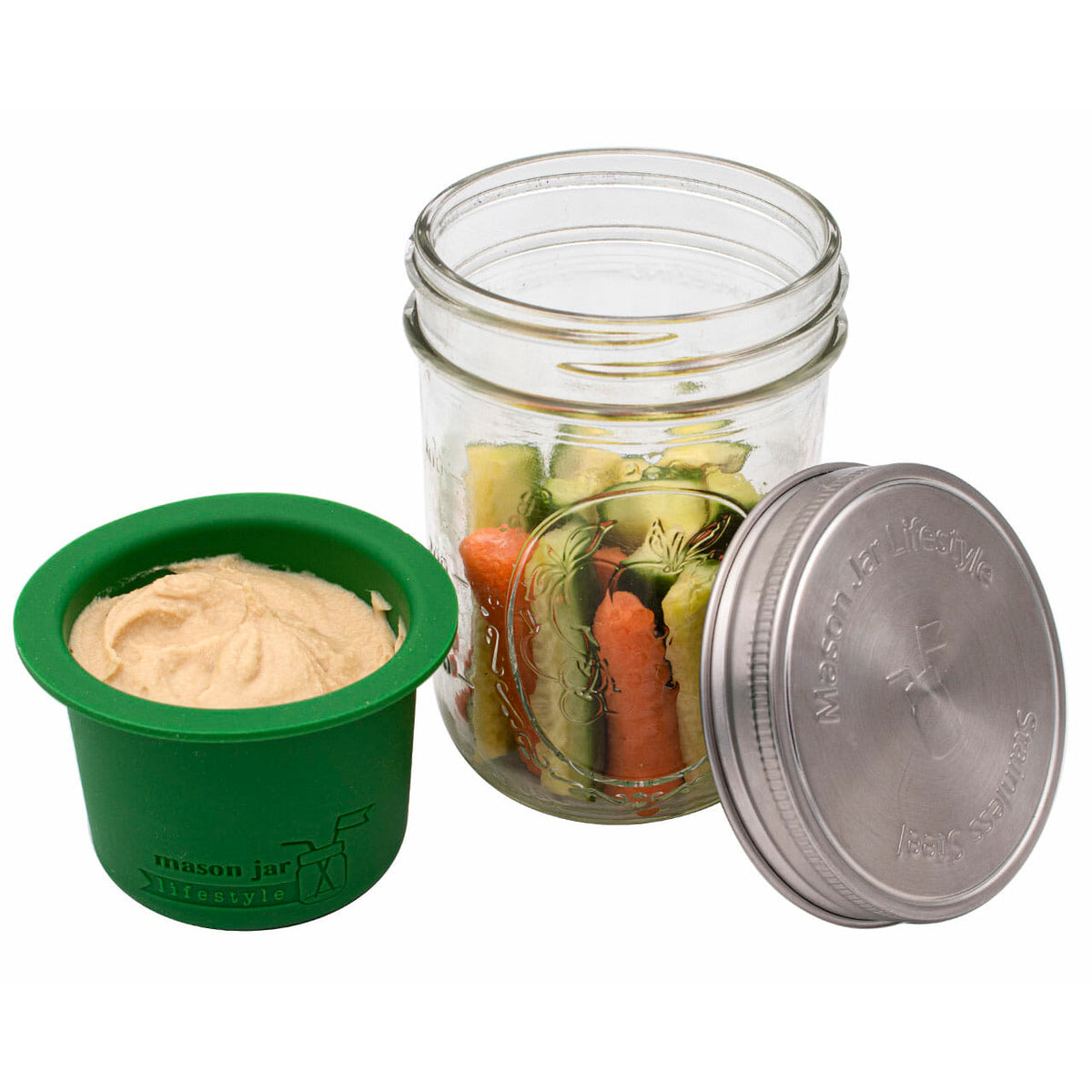 Silicone divider dressing cup stainless steel storage lid 16oz pint fruit wide mouth vegetables dip leaf green 2