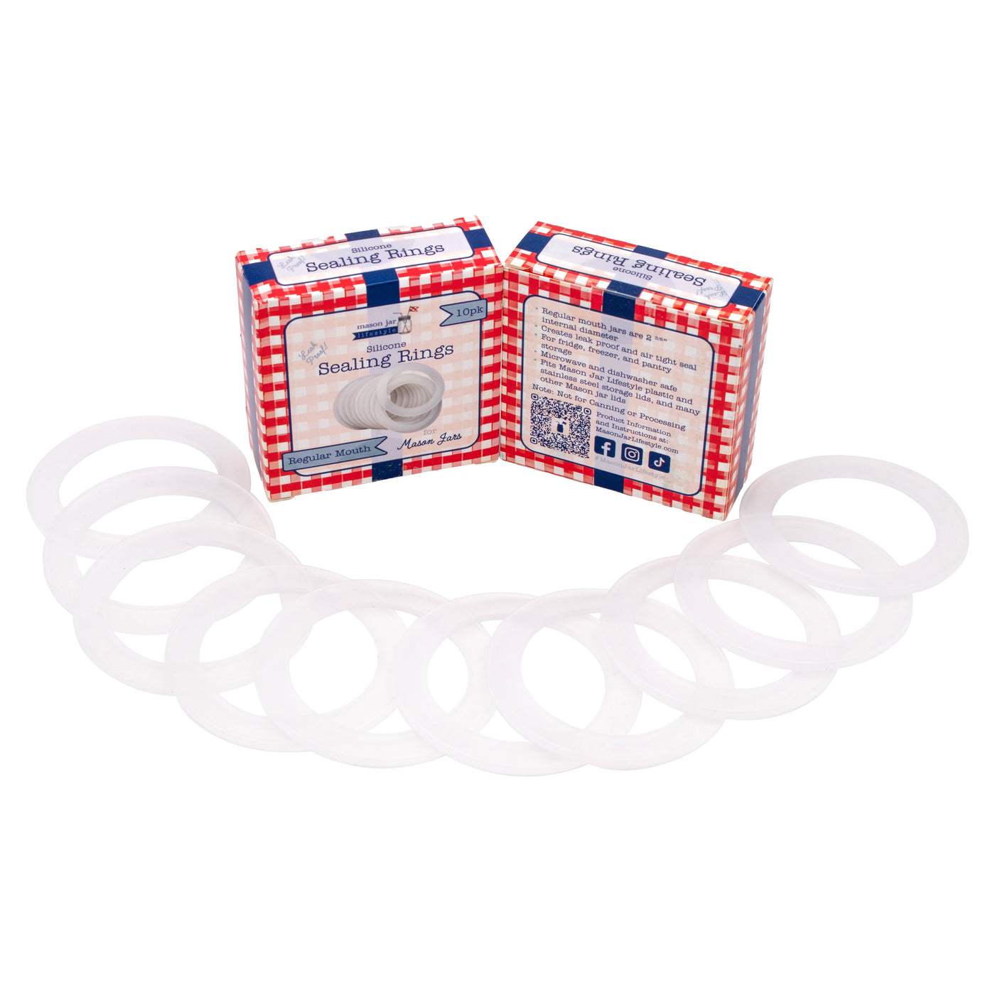 Two retail packaged boxes for the product propped up, one forward and one backwards. 10 silicone sealing rings splayed out in front of them.