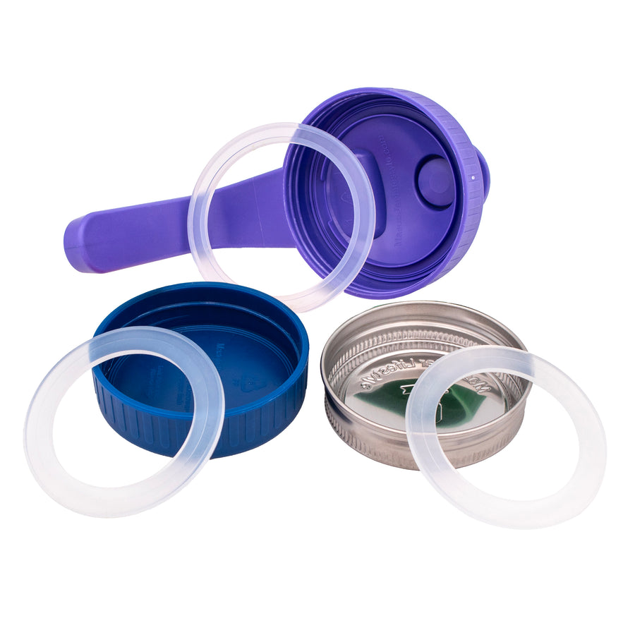 Silicone sealing rings for Mason jars next to three products they fit in: our pour & store lids, our plastic storage lids, and our stainless steel storage lids. In both sizes, regular and wide mouth.