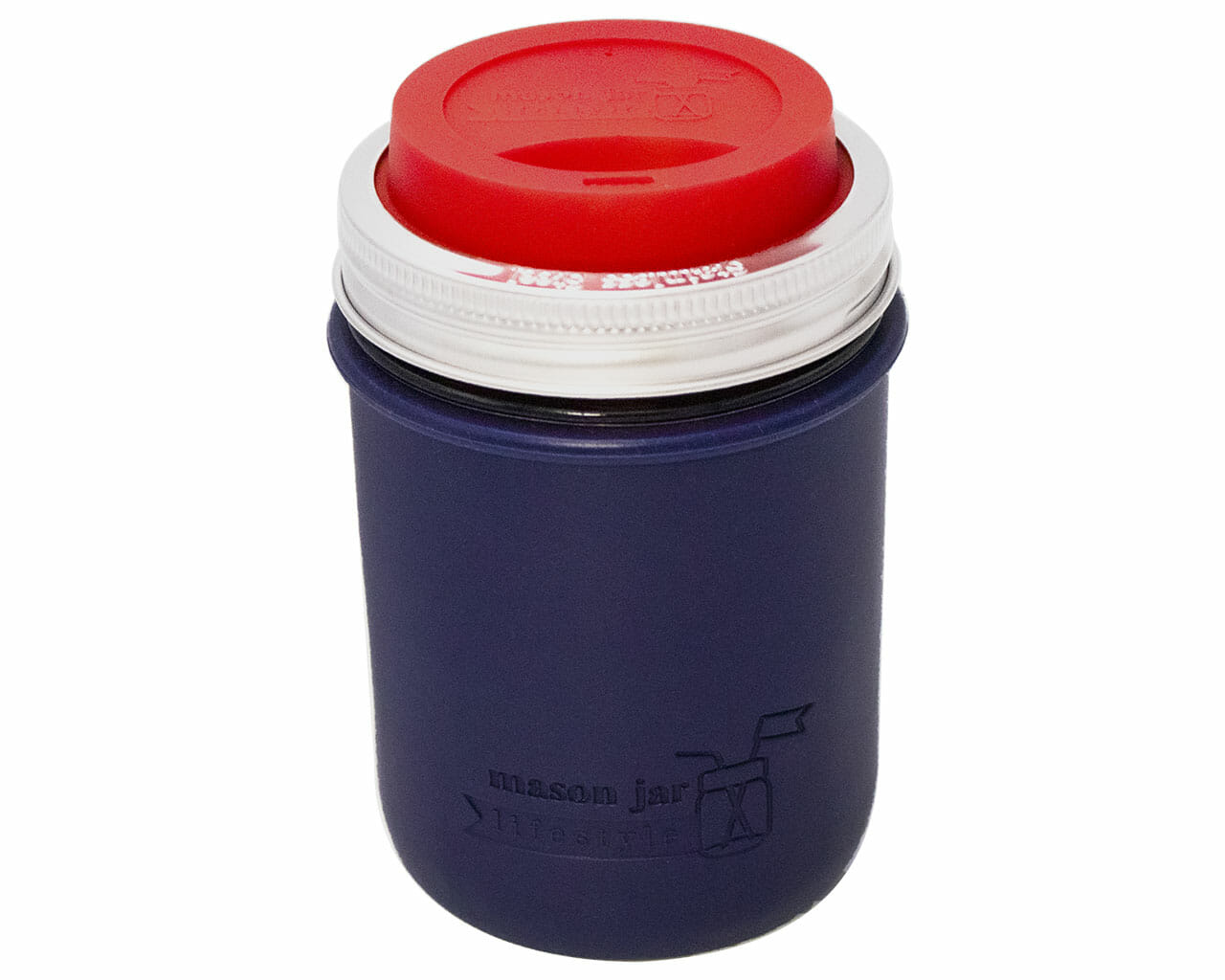 midnight blue Silicone Sleeve with cherry red drinking lid for wide mouth 16oz mason jars