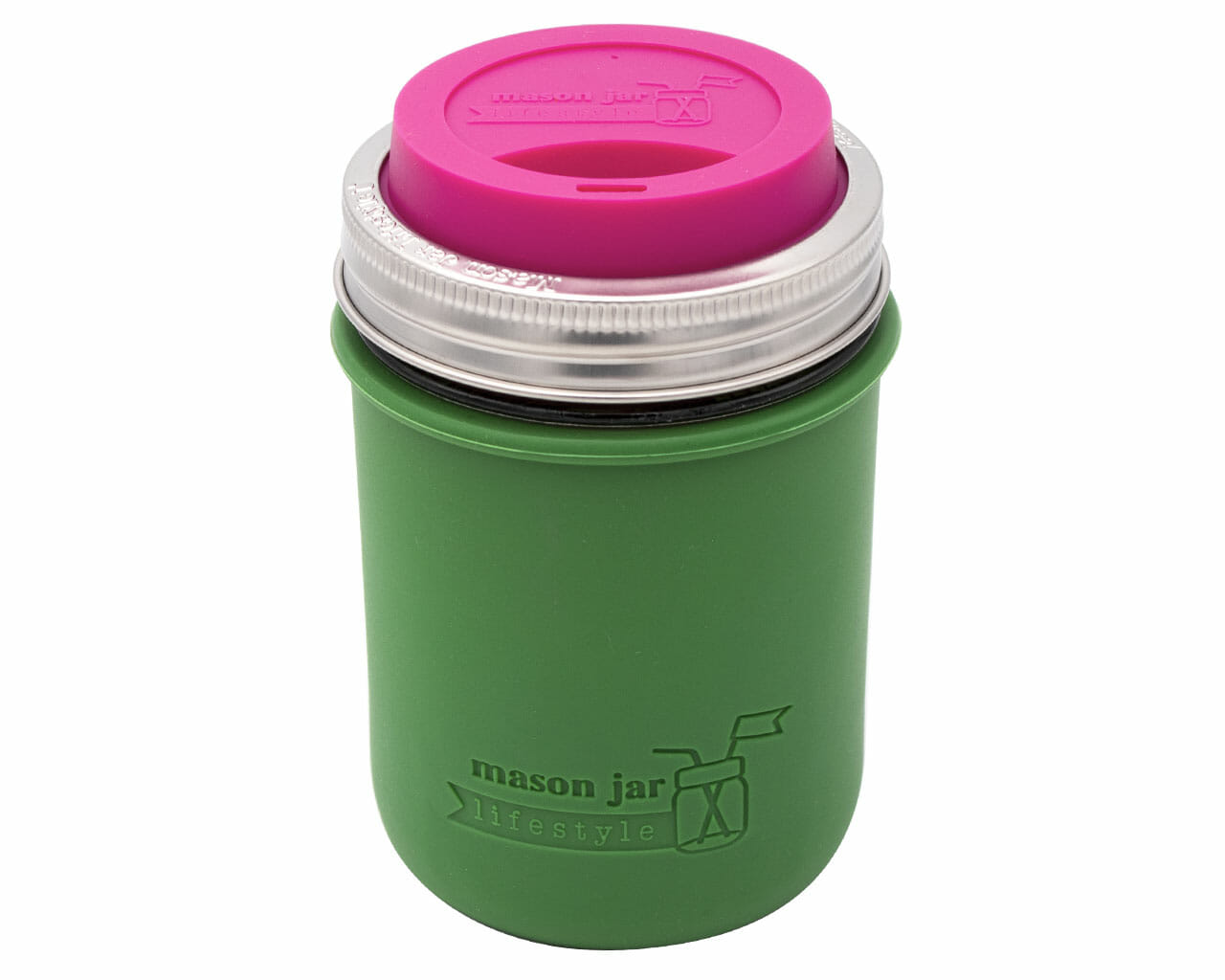 Leaf Green Silicone Sleeve with Berry Pink Drinking Lid for wide mouth 16oz mason jars