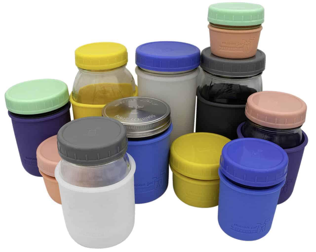 Mason Jar Lifestyle Leak proof plastic storage lids and silicone koozies on regular mouth 4oz, 8oz, 16oz, 32oz half pint quart Mason jars 5 colors