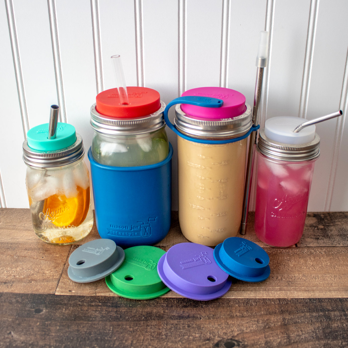 Silicone Straw Hole Tumbler with Stainless Steel Band for Mason Jars