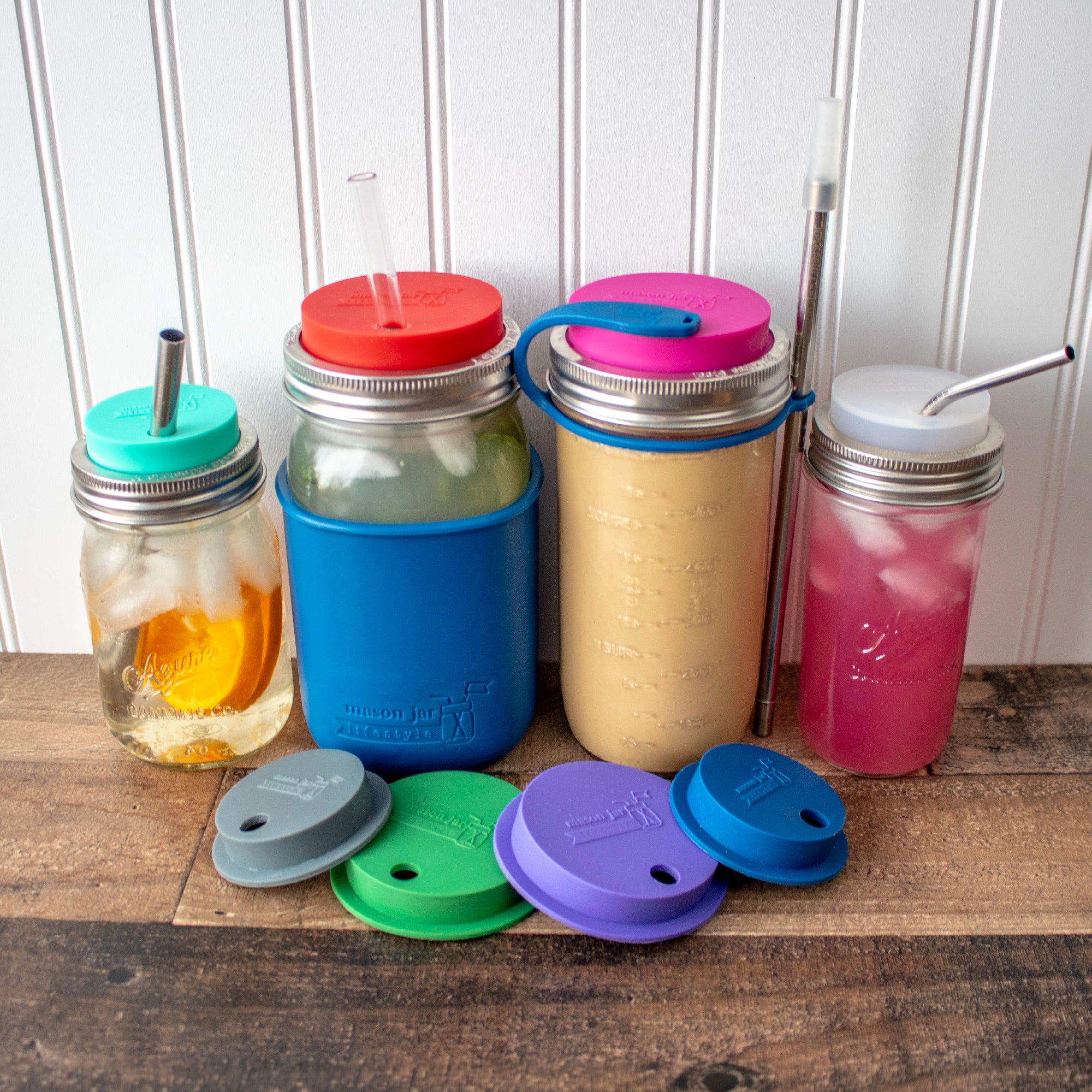 Silicone Straw Hole Tumbler with Stainless Steel Band for Mason Jars