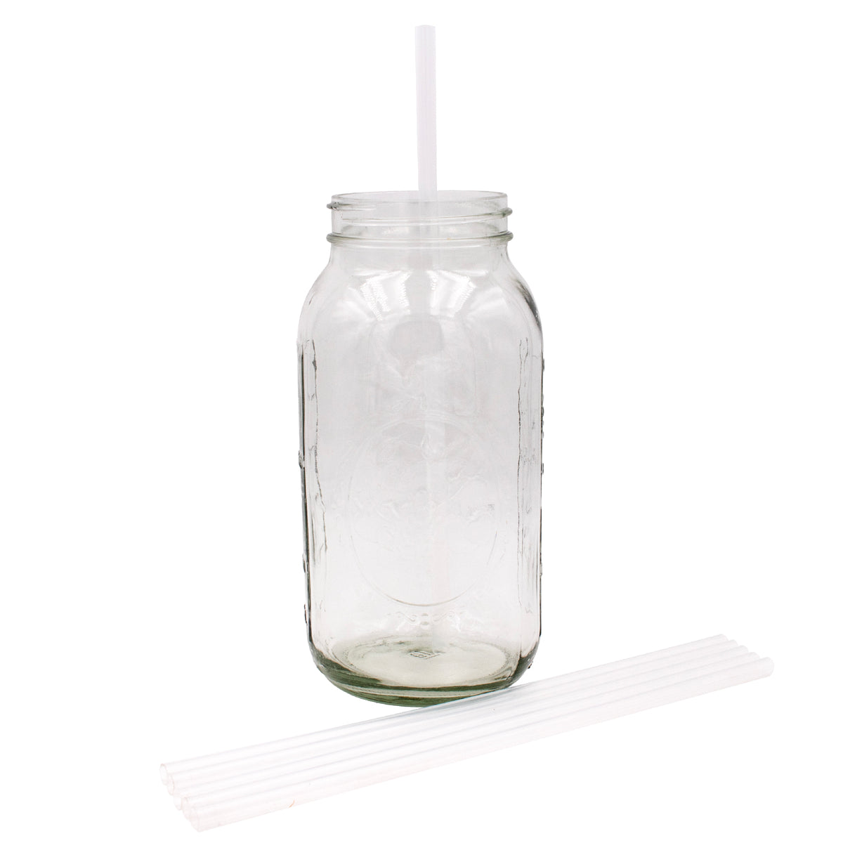 Clear Extra Long silicone straws beside and inside a half-gallon Mason jar on a white background; jar sold separately.