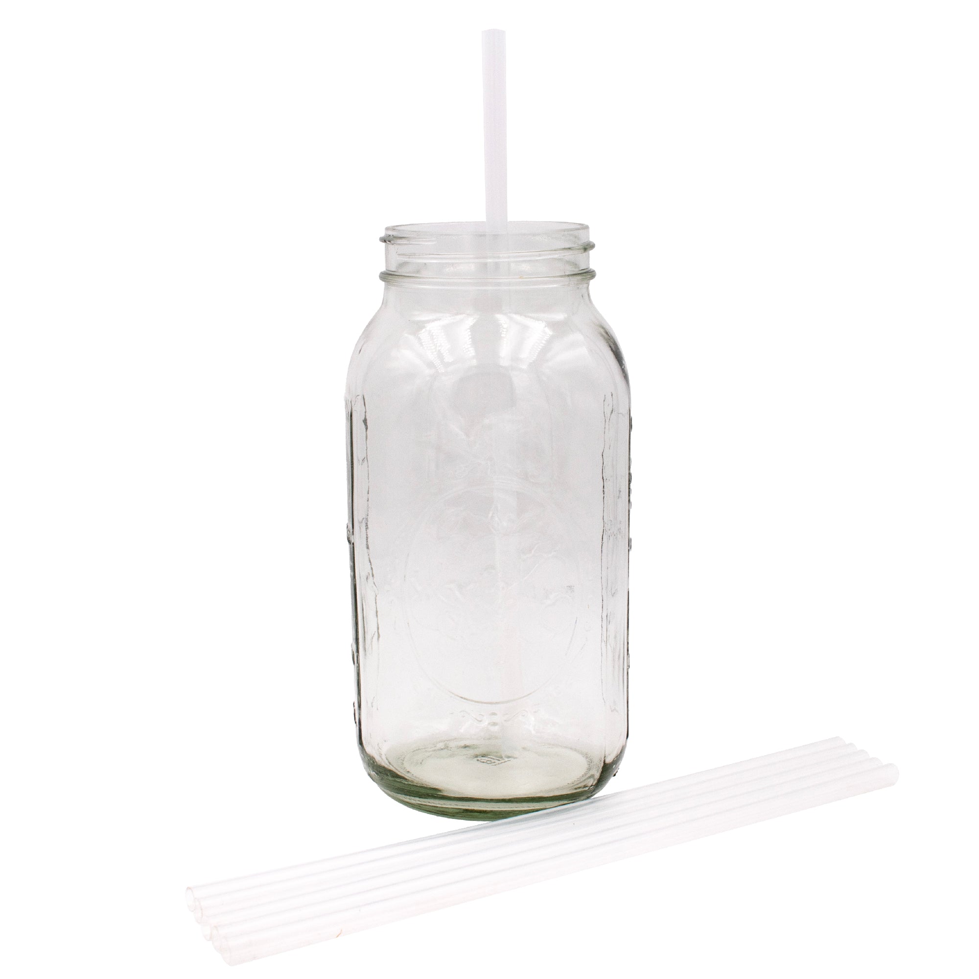 Extra Long silicone straw in 64oz Mason jar.