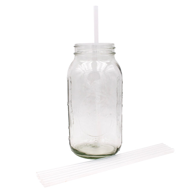 Extra Long silicone straw in 64oz Mason jar.