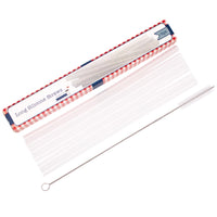 A 6 pack of silicone straws, next to its packaging and straw cleaner.