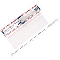 A 6 pack of silicone straws, next to its packaging and straw cleaner.