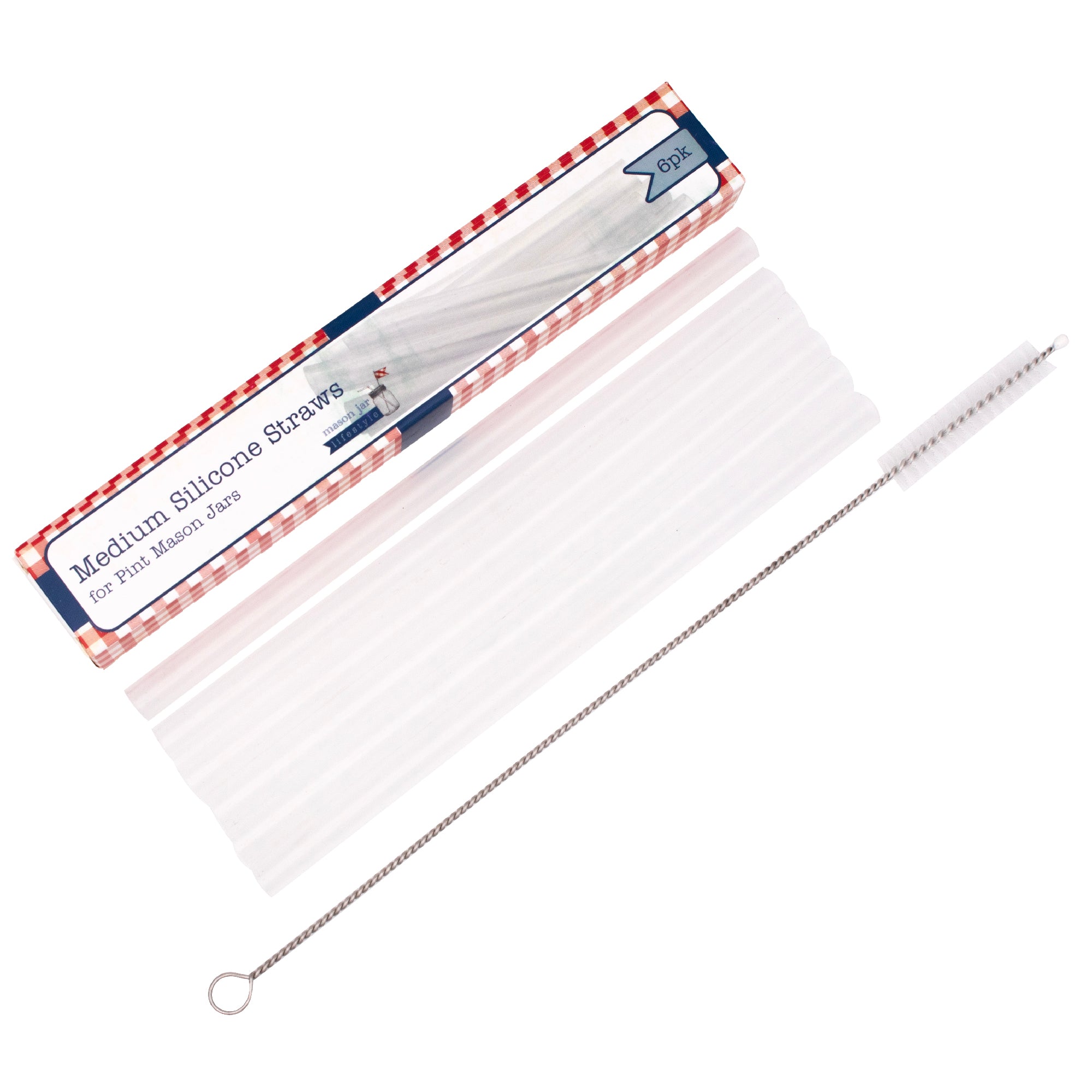 A 6 pack of silicone straws, next to its packaging and straw cleaner.