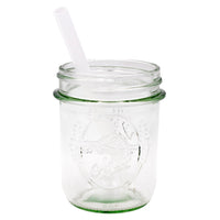 Short silicone straw in regular mouth 8oz Mason jar.