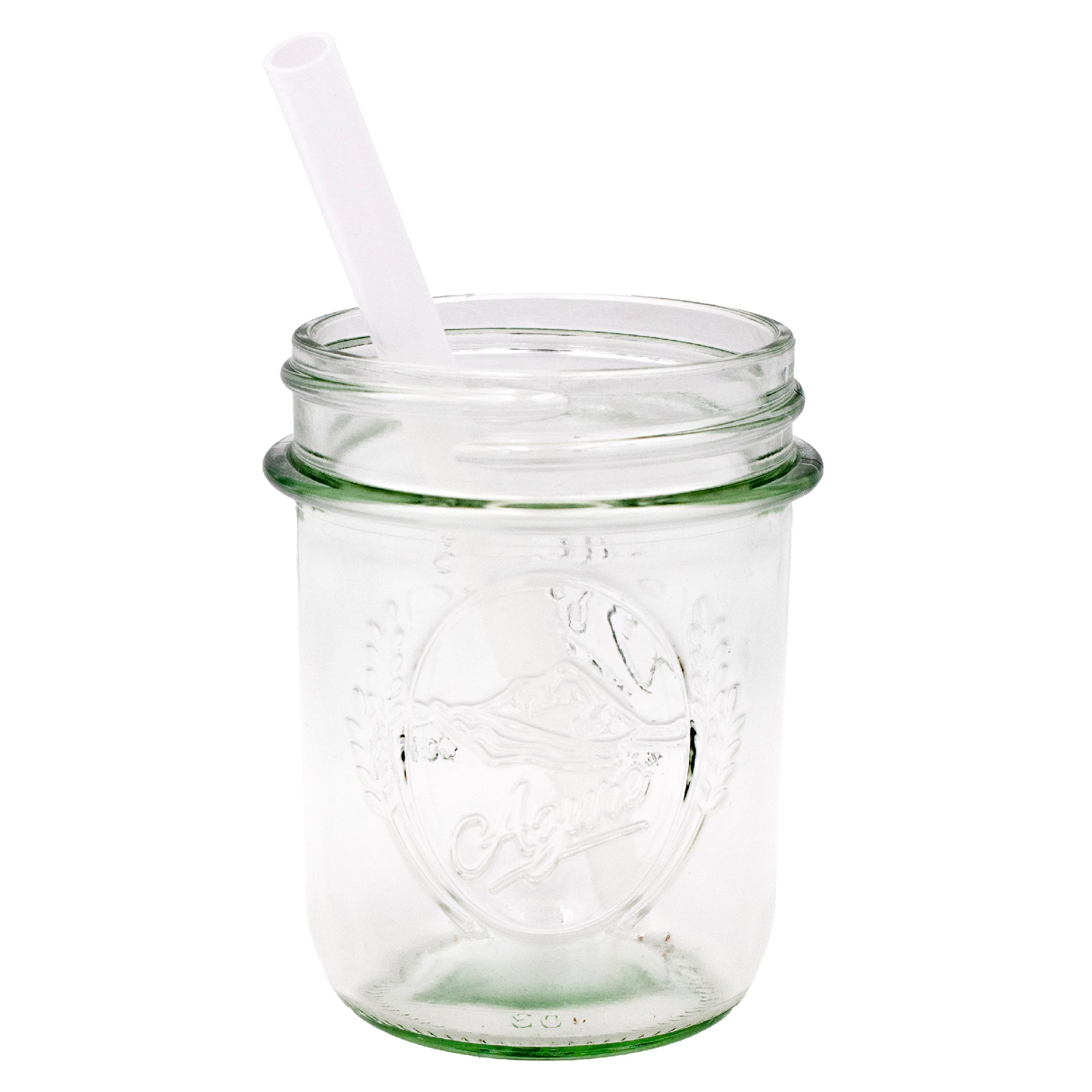 Short silicone straw in regular mouth 8oz Mason jar.