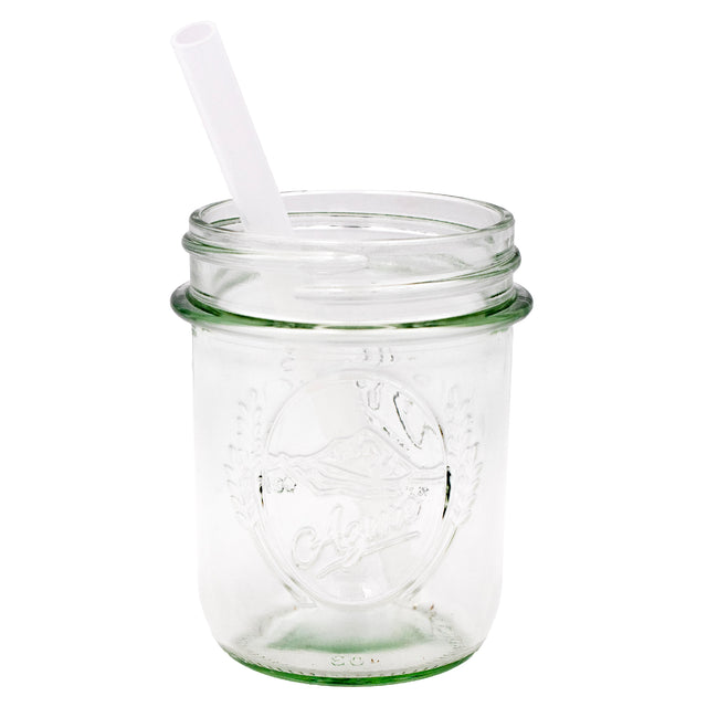 Short silicone straw in regular mouth 8oz Mason jar.