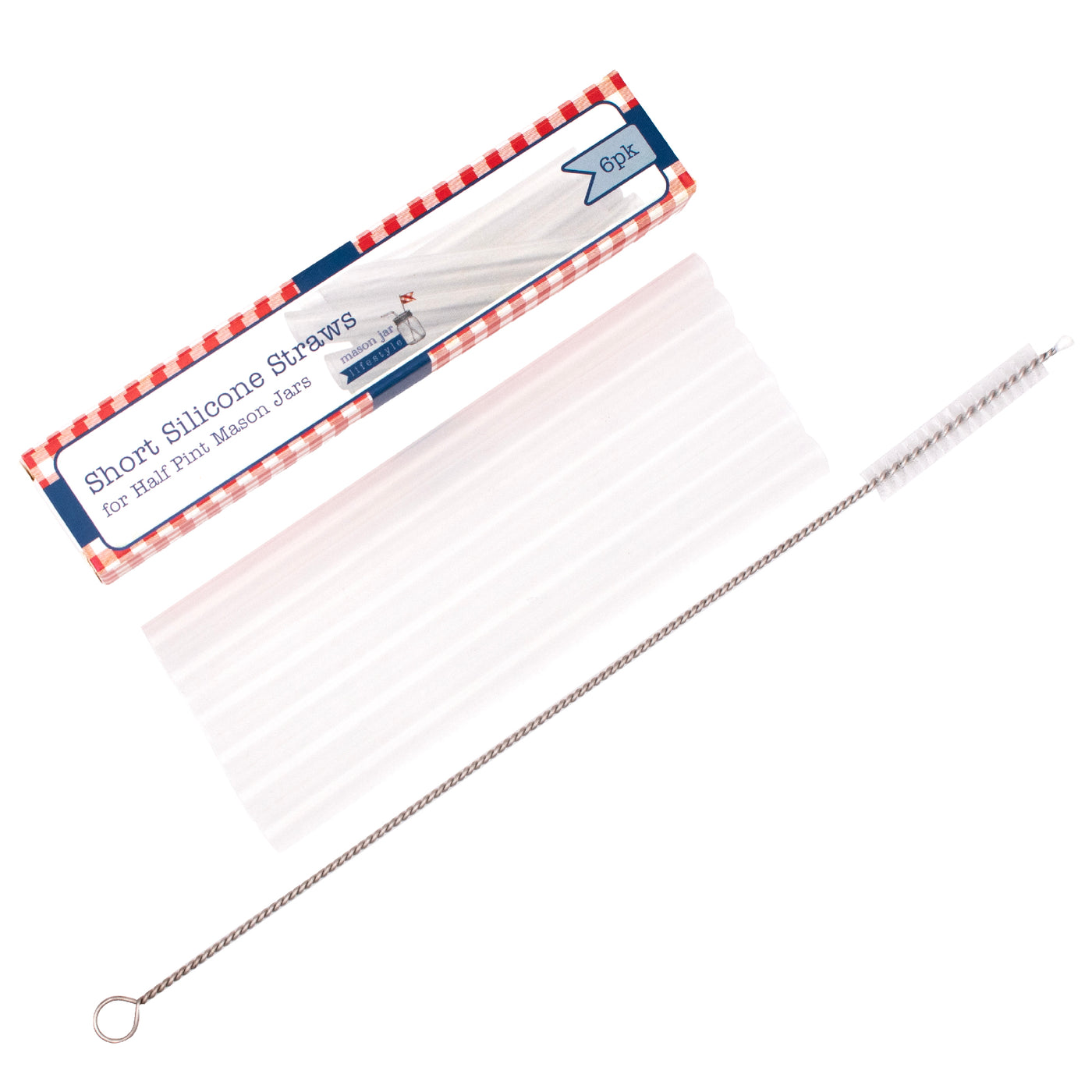 A 6 pack of silicone straws, next to its packaging and straw cleaner.