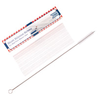 A 6 pack of silicone straws, next to its packaging and straw cleaner.