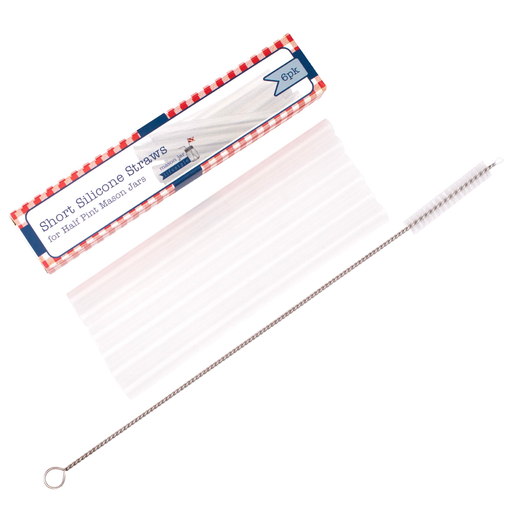 A 6 pack of silicone straws, next to its packaging and straw cleaner.