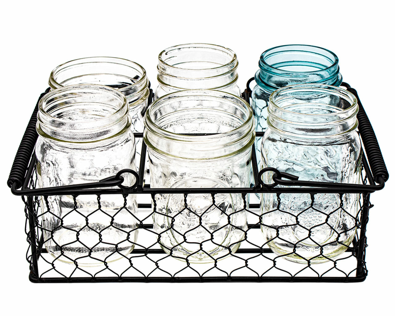Black Coated Chicken Wire Caddy for Six 16oz Pint Mason Jars