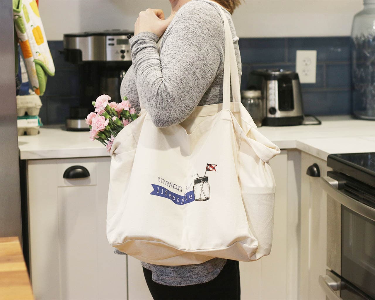 100% Organic Cotton Canvas Market Tote with Six Compartments for Mason Jars