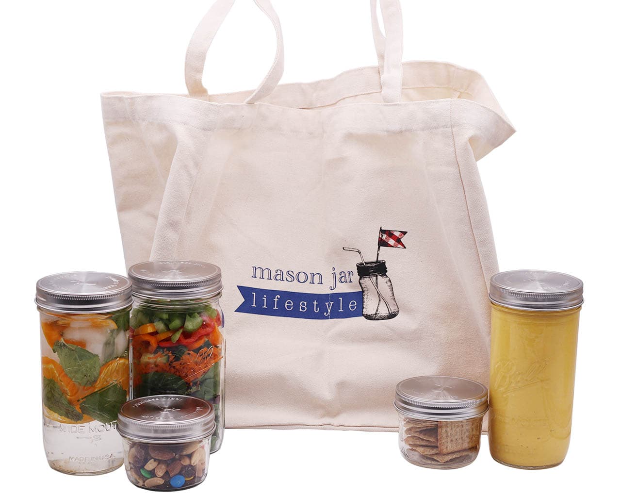100% Organic Cotton Canvas Market Tote with Six Compartments for Mason Jars