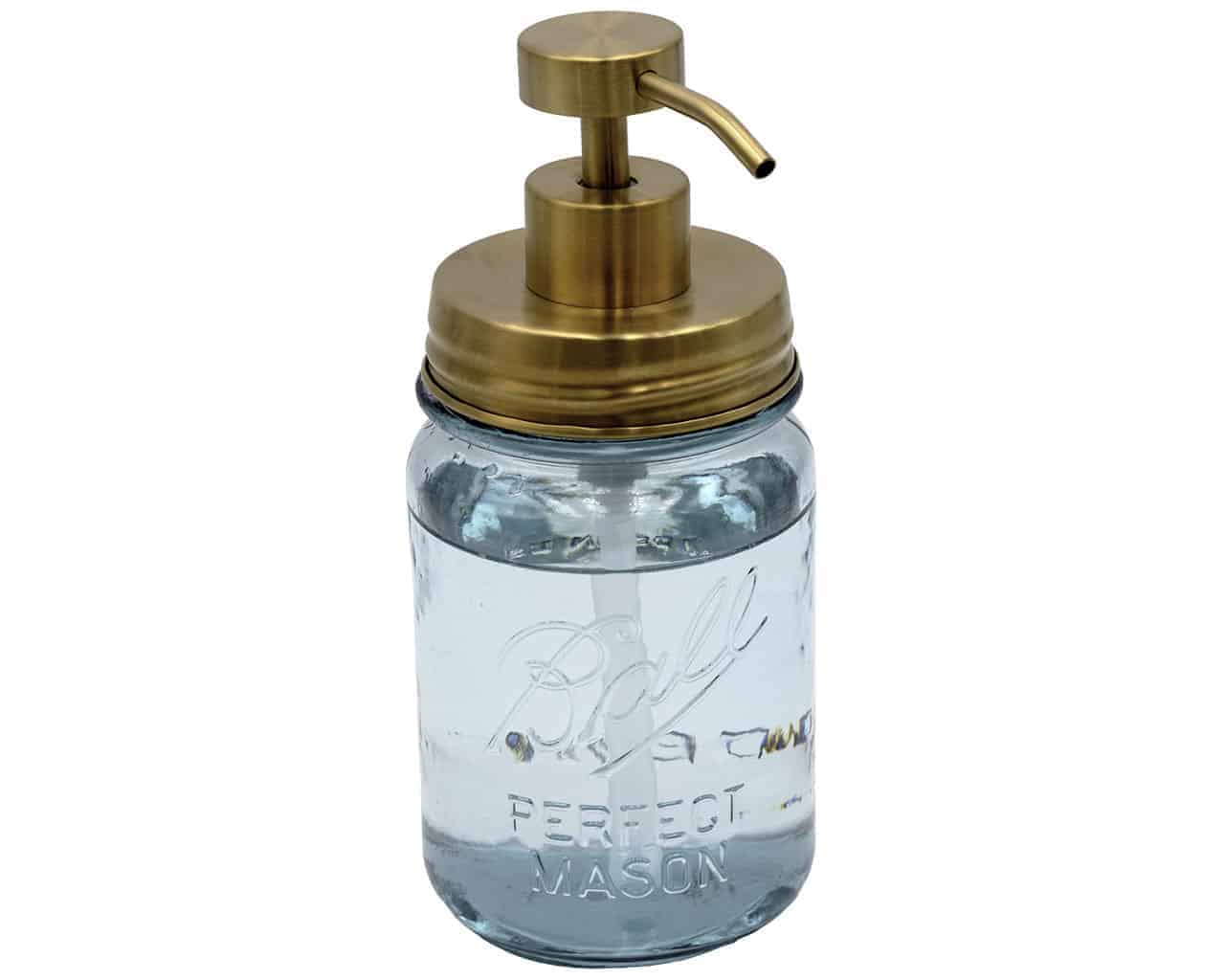 mason-jar-lifestyle-soap-pump-dispenser-lid-kit-matte-brushed-gold-#2-blue-ball-regular-mouth-pint-16oz-jar