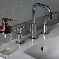 Vintage copper soap pump dispenser lid kit on Ball Mason 12oz quilted jar on sink