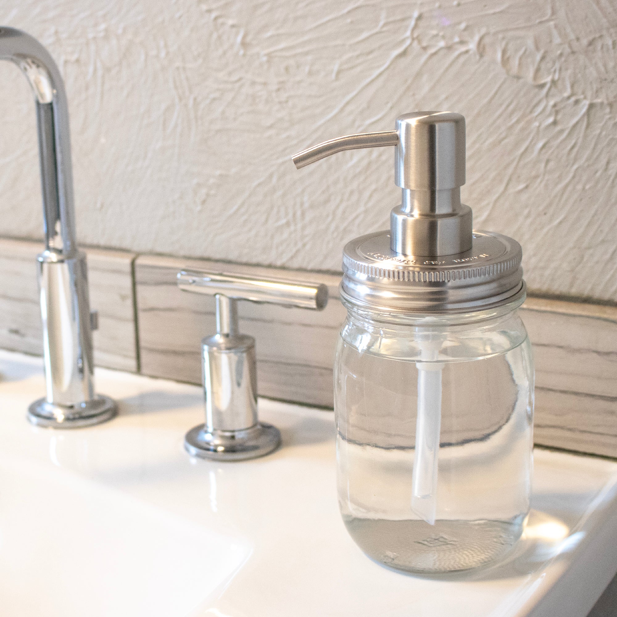 Soap pump lid stain 2 regular mouth galvanized bathroom kitchen dishes reusable refillable jar staged 3