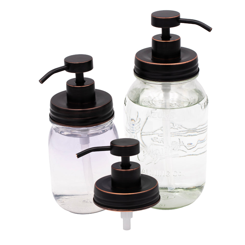 Oil rubbed bronze soap pump lids on regular mouth quart and pint jars.