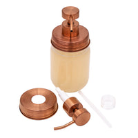 Rose gold soap pump lid pieces: pump, lid, nut, and straw.