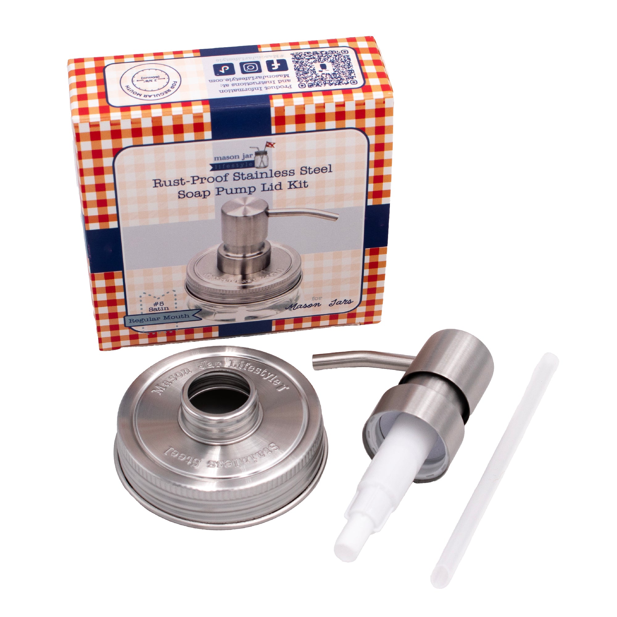 Soap pump lid stain 5 regular mouth stainless steel classic threaded bathroom kitchen dishes reusable refillable jar product on white