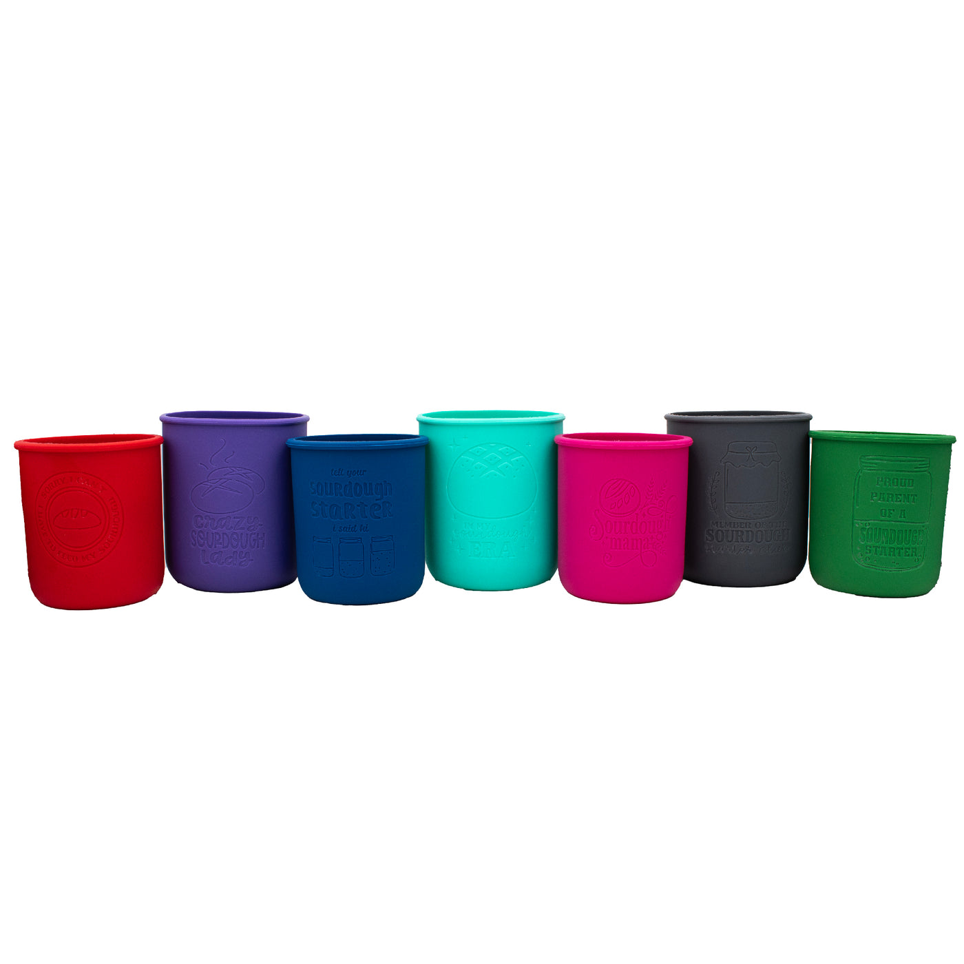 Group of all sleeves sizes available: quart and wide mouth pint. Group of all colors available: cherry red, ultra violet, deep blue, aquamarine, berry pink, charcoal gray, leaf green.
