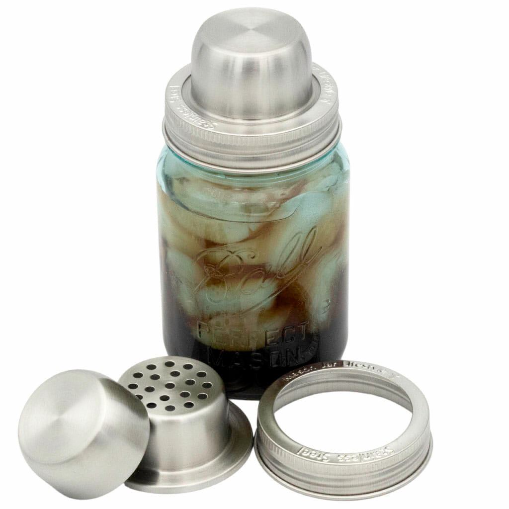 Mason jar stainless steel cocktail shaker lid on a regular mouth 16oz pint Mason jar.