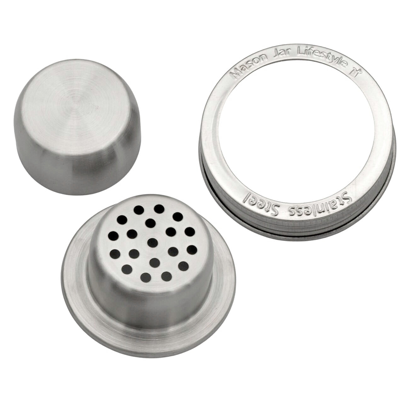 All parts of the cocktail shaker, with a stainless steel band.