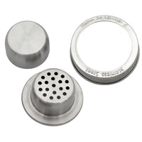 All parts of the cocktail shaker, with a stainless steel band.