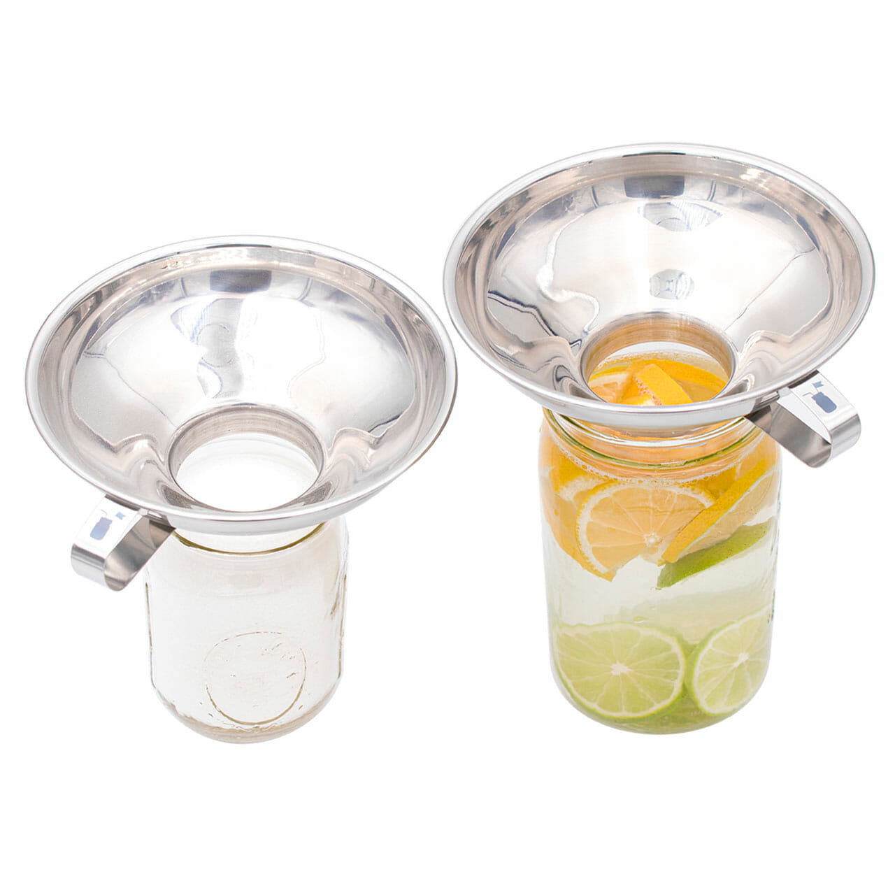 Two funnel sitting on top of two Mason jars, showing that they work with both regular and wide mouth Mason Jars in both pint and quart sizes.