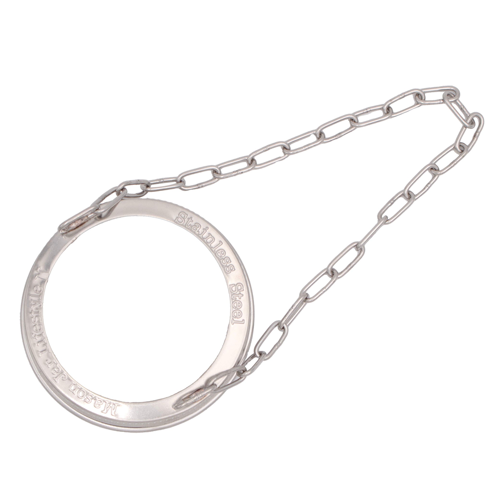 A regular mouth stainless steel band on white background from above, show that there is raised letters around the edge that say "Stainless Steel" and "Mason Jar Lifestyle".