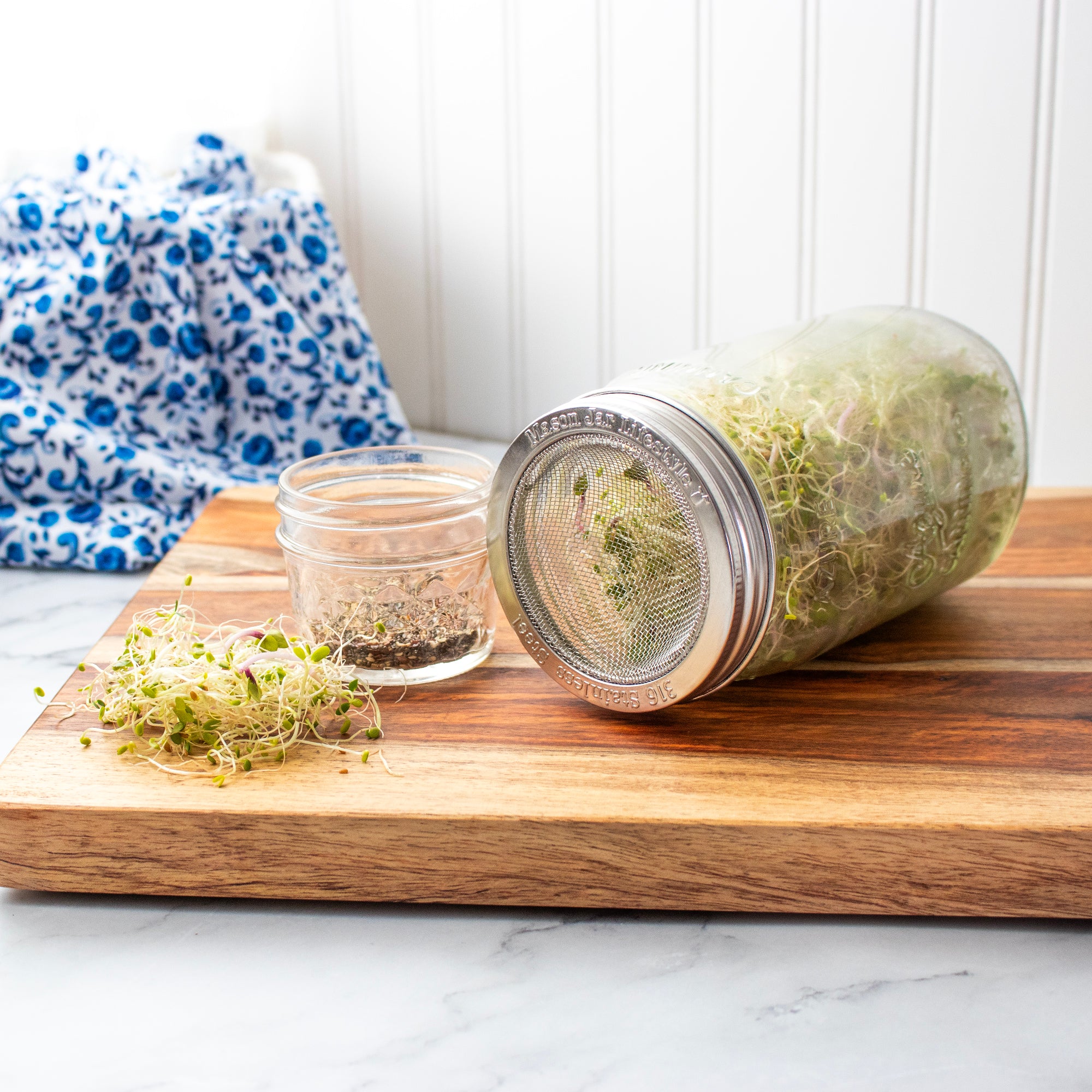 The wide mouth sprouting lid on a quart Mason jar, next to a small jar of seeds and sprouts, all laying on a cutting board.