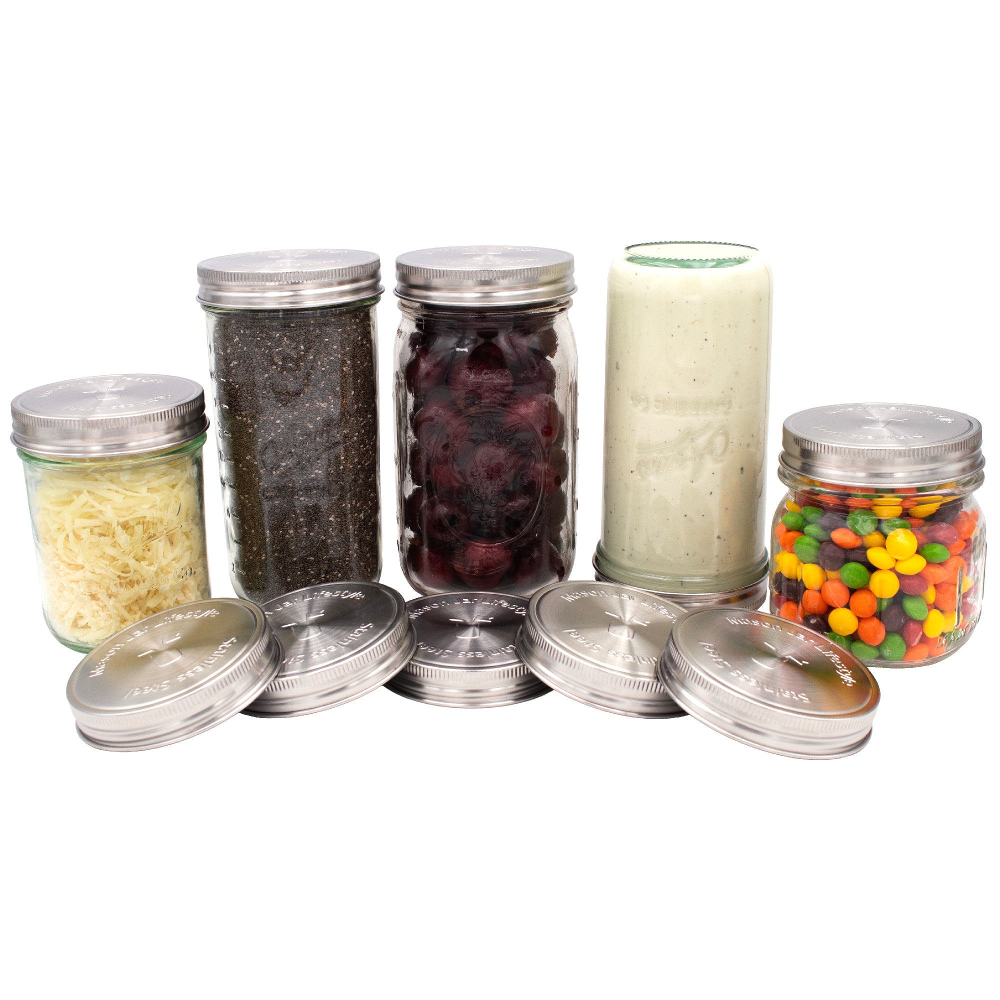 Stainless Steel Storage Lids with Leak-Proof Silicone Liners for Mason Jars 5 Pack
