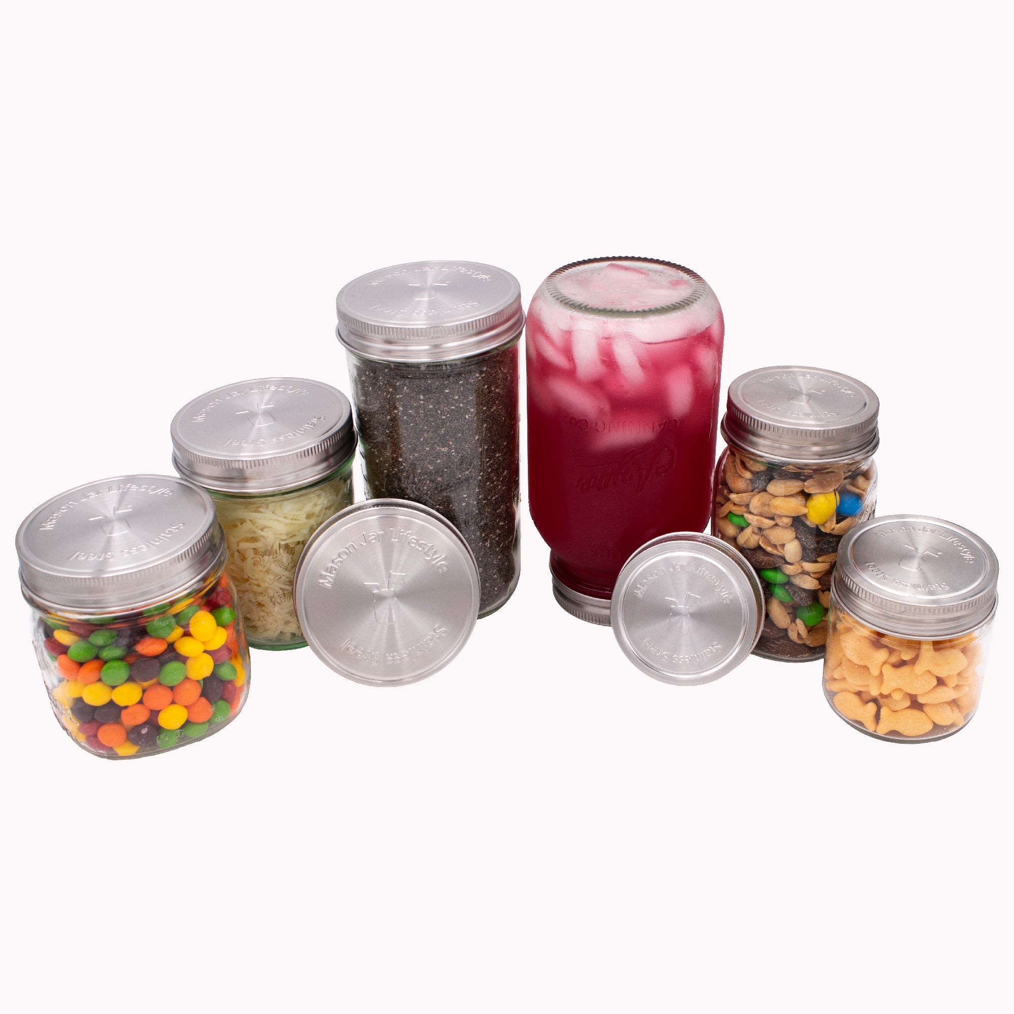 Regular mouth and wide mouth Mason jars with the stainless steel storage lids.
