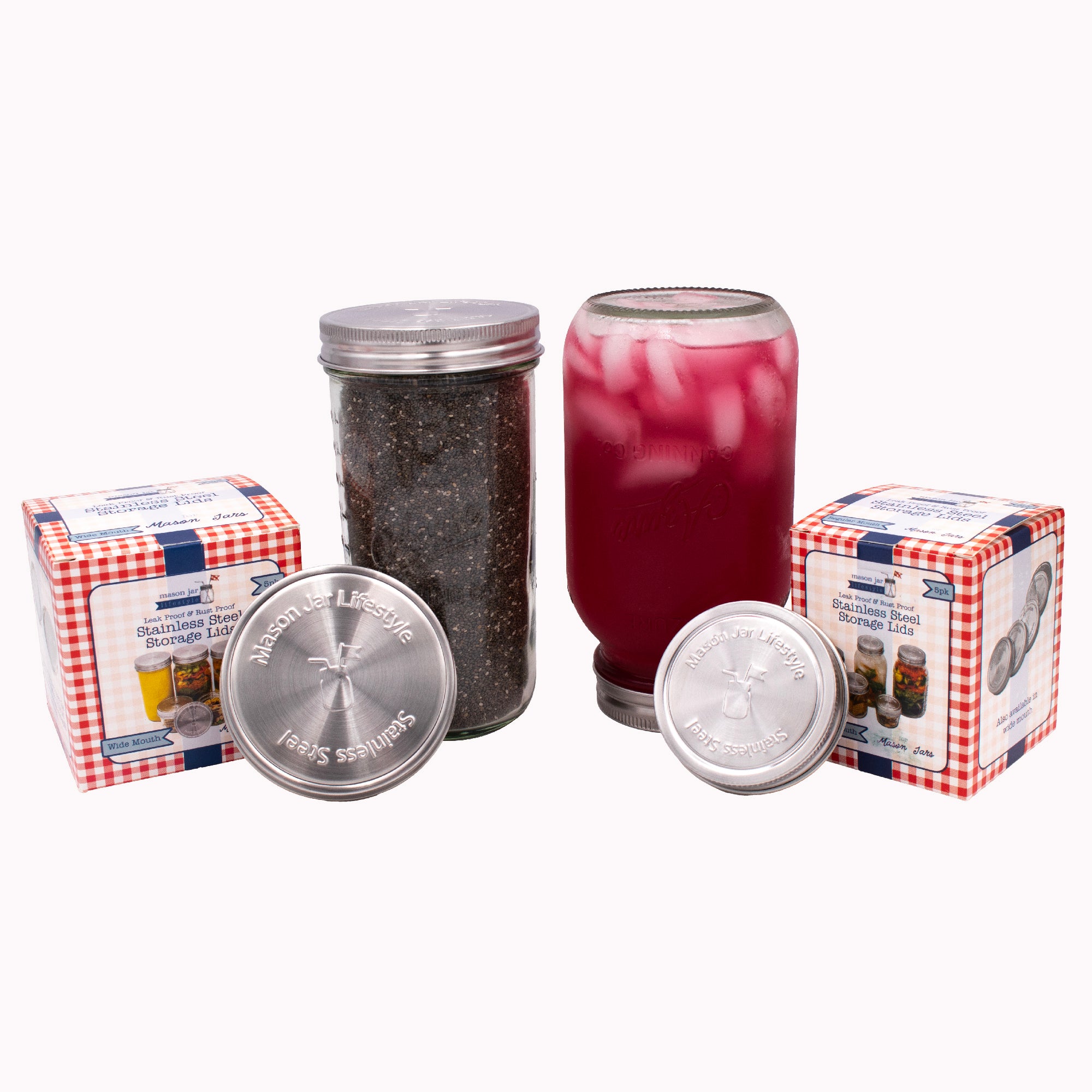 Stainless Steel Storage Lids with Leak-Proof Silicone Liners for Mason Jars 5 Pack