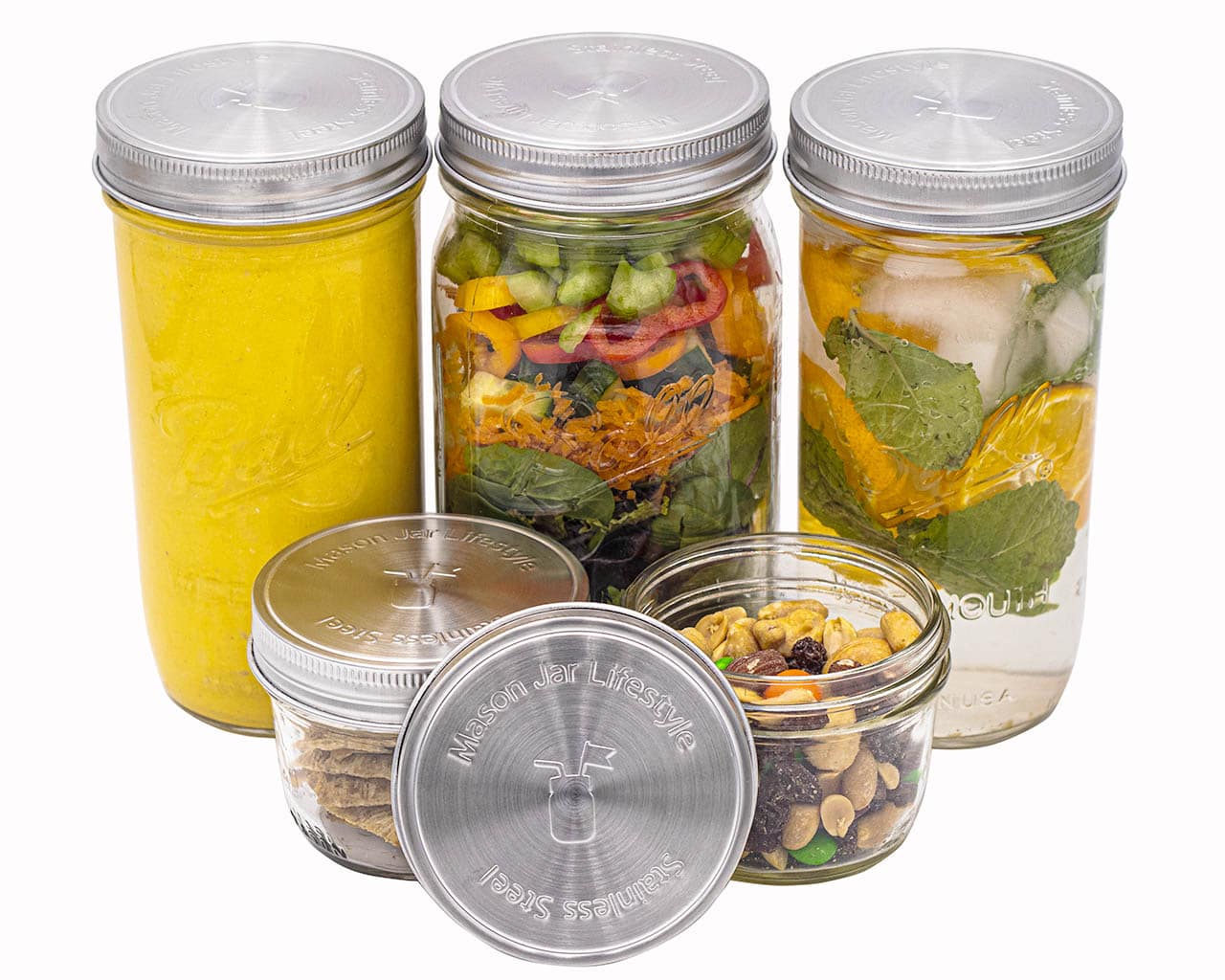 Stainless Steel Storage Lids Caps with Silicone Seals for Mason Jars (5 Pack, Regular Mouth)