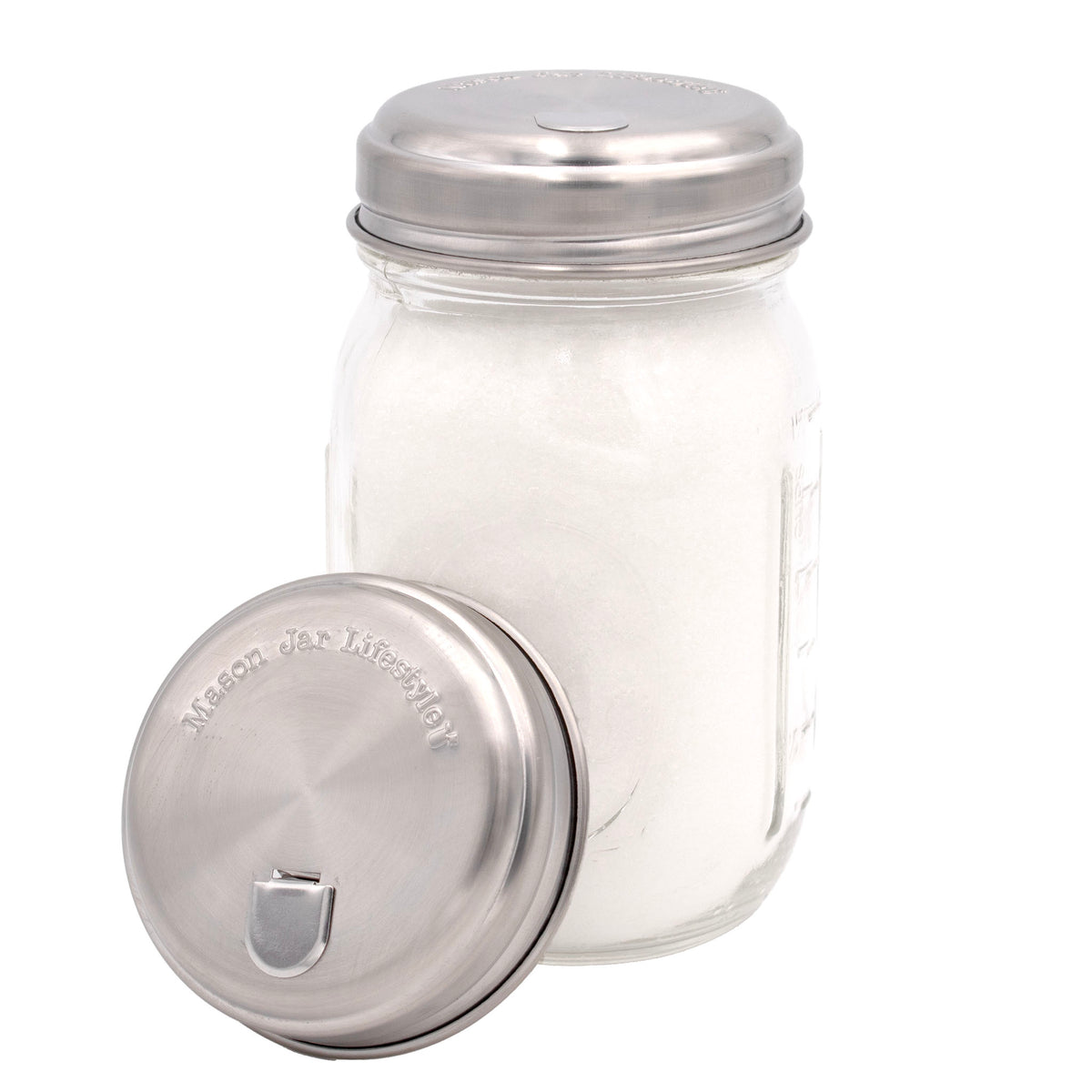 Stainless steel sugar dispensing lid regular mouth on off white