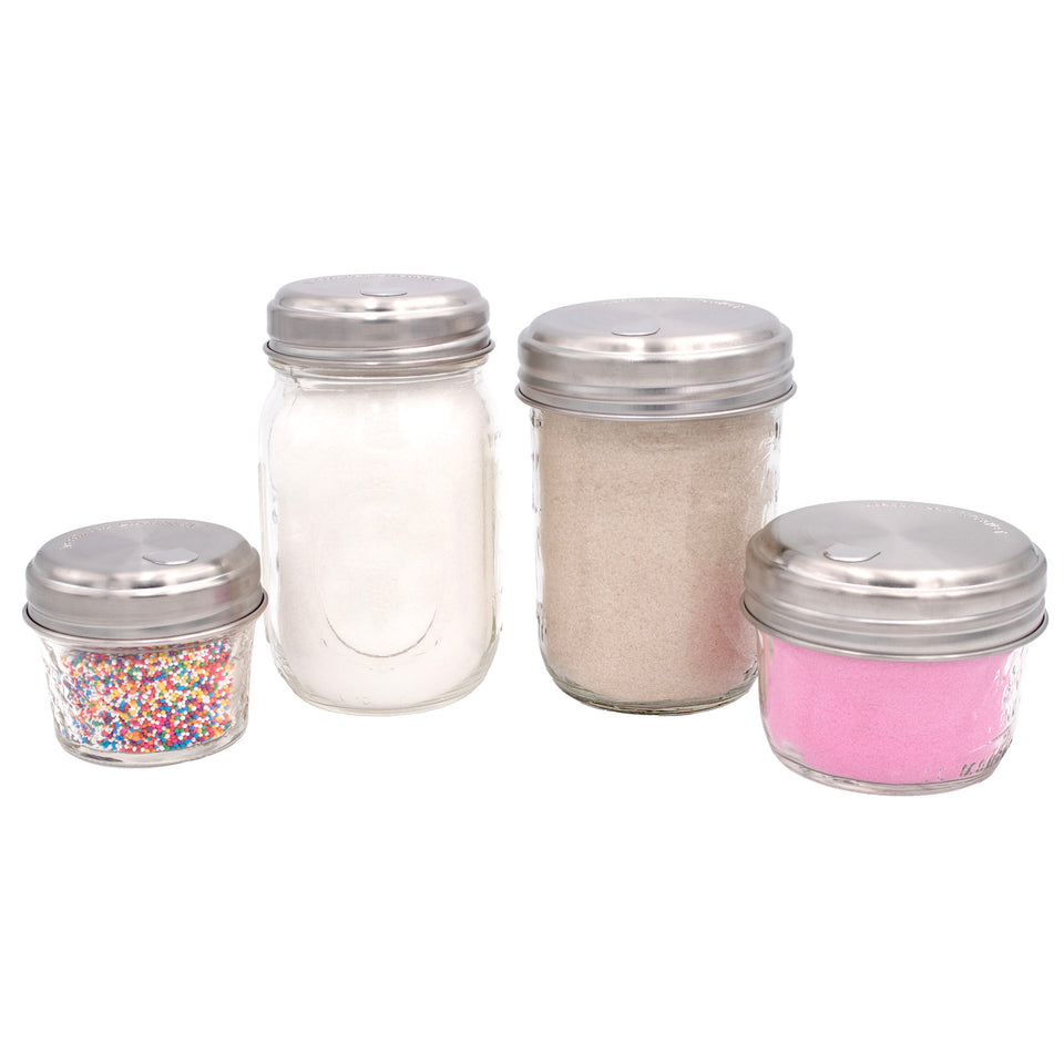 Stainless steel sugar dispensing lid regular wide mouth sprinkles confection main on white