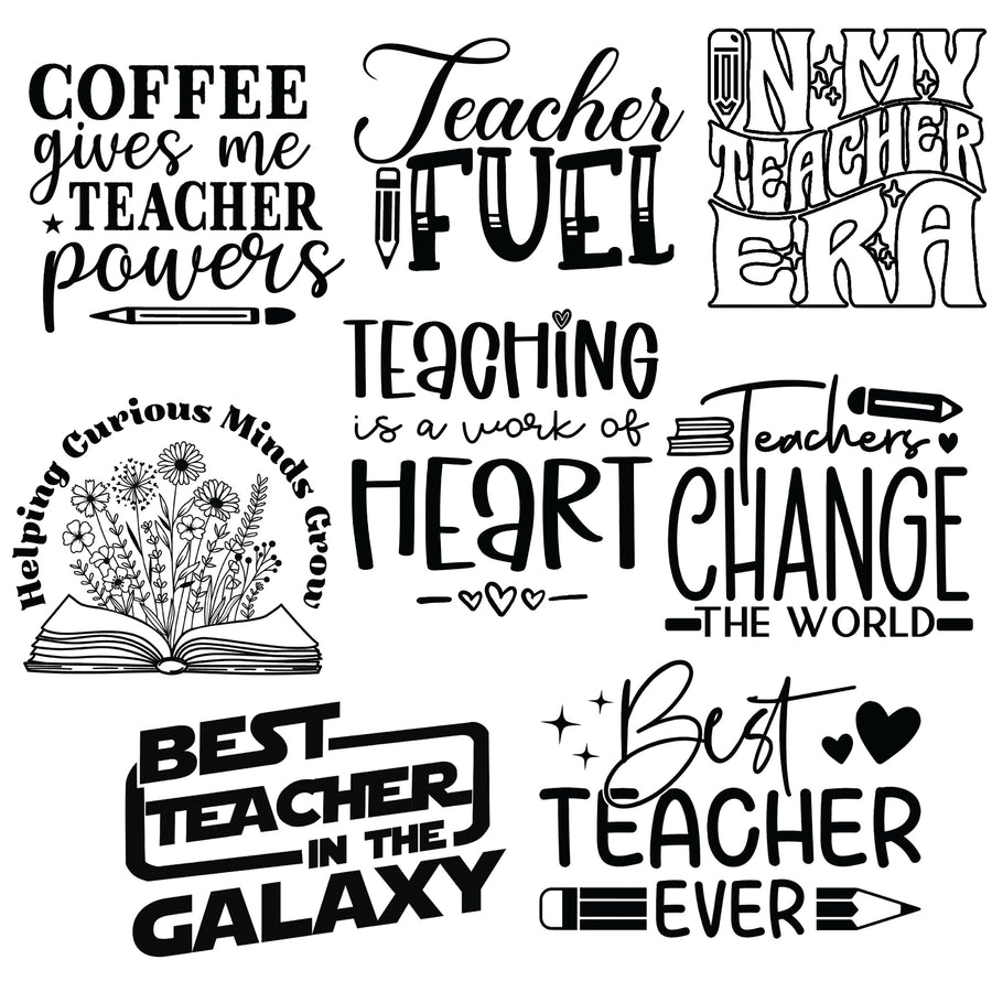 Teacher Appreciation week black and white designs to be laser engraved onto silicone sleeves for Mason jars.