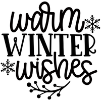 A black and white graphic for laser engraving: text reading "Warm Winter Wishesl" with snowflakes to the sides and a holy branch underneath.